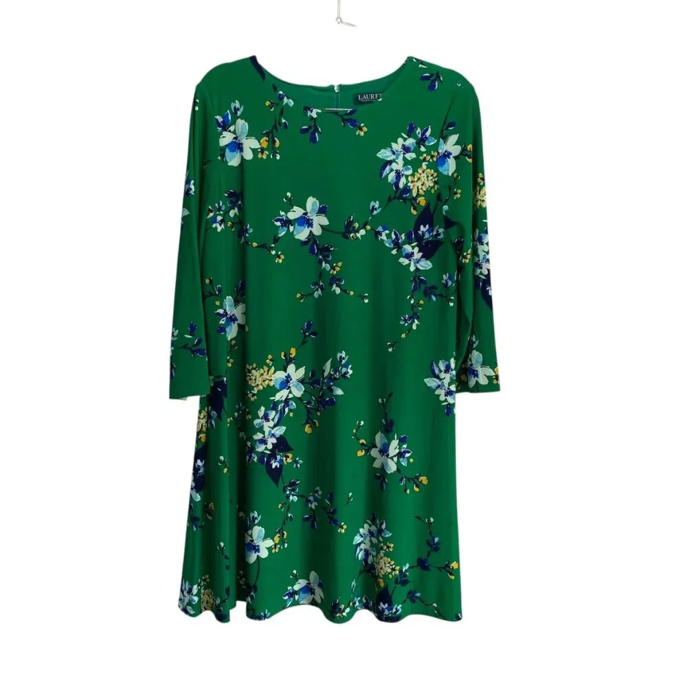 Ralph Lauren Shift Dress Green Floral Liquid Knit Womens 12‎ Resortware Party